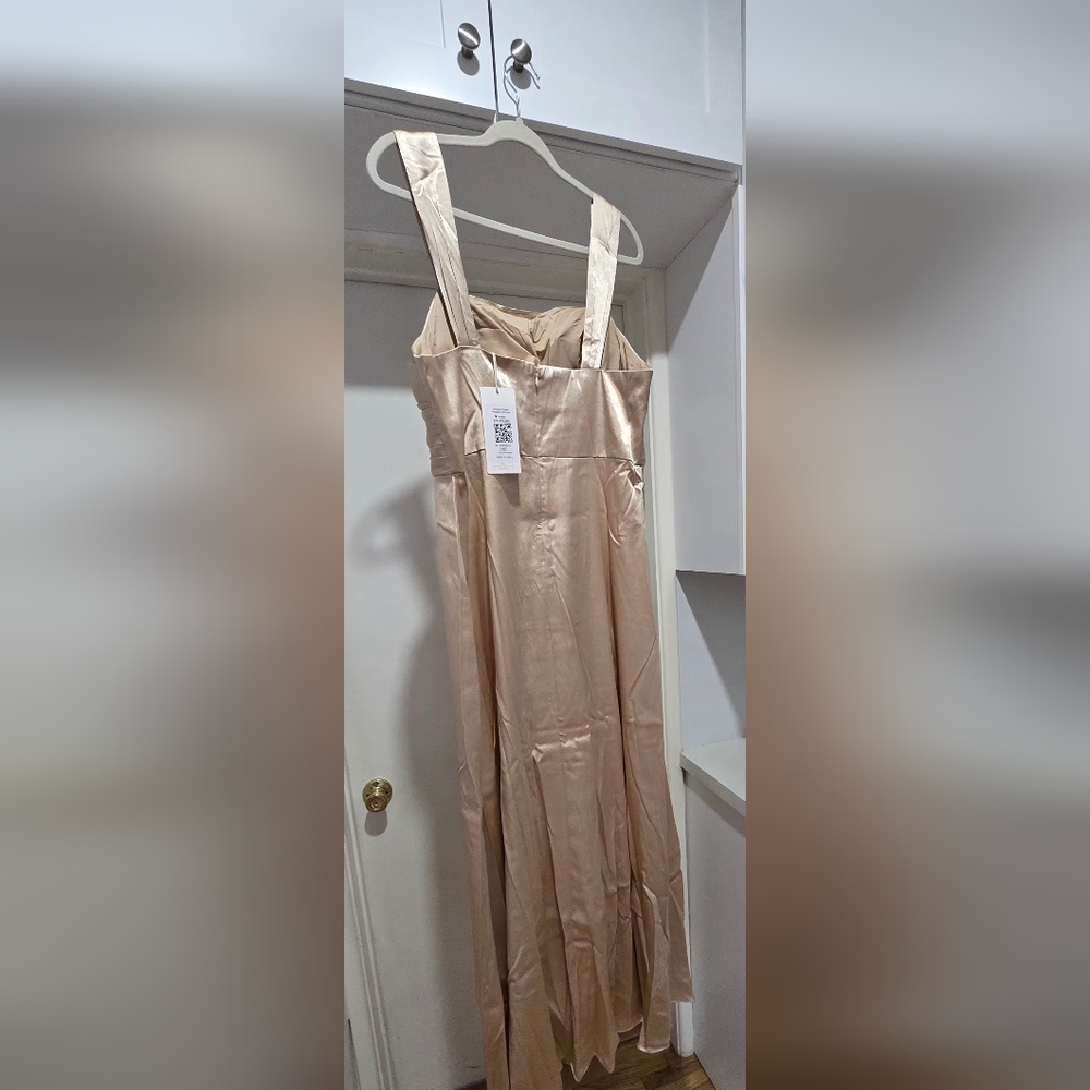Champagne Satin Evening Dress W/Wide Straps Pleated Bodice, Side Slit - Picture 10 of 12
